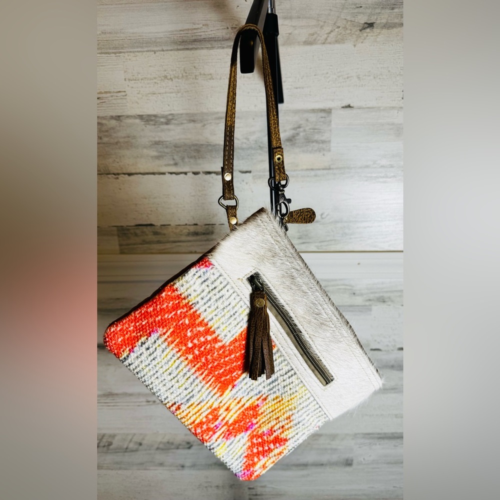 Myra Bag Wristlet Cowhide Wristlet Clutch Western Boho Floral Orange